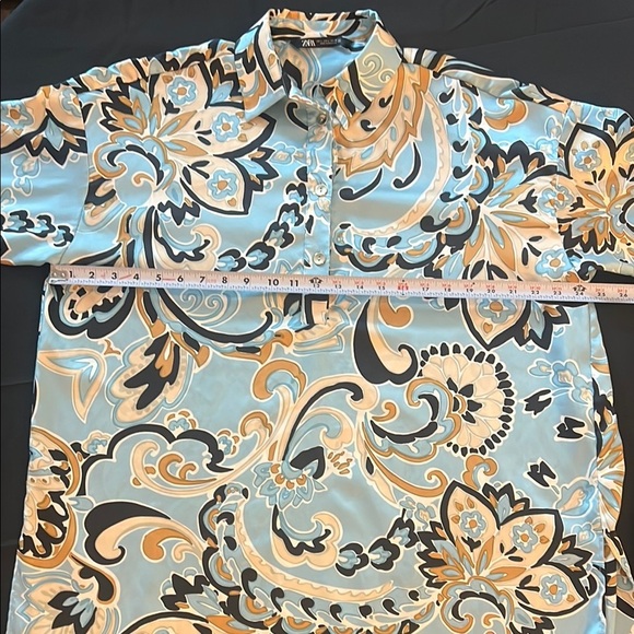 Zara Womens Blue Paisley Pattern 3/4 Sleeve Button Up Blouse, Large - Picture 4 of 6
